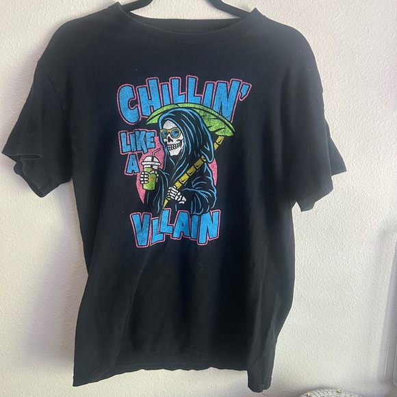 Chillin Like A Villain Graphic T-Shirt‎ Black Grim Reaper Tee - Picture 1 of 4